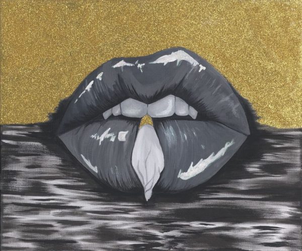 Painting of a woman's lips biting her golden finger nail with a gold background