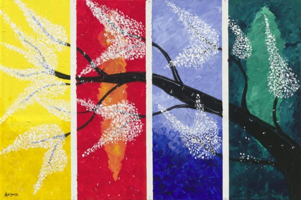 Painting on four separate canvas of a tree branch going through the different seasons