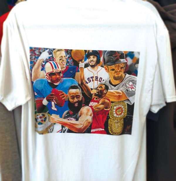 Warren Moon, Jeff Bagwell, Jose Altuve, JJ Watt, James Harden, and Hakeem Olajuwon on a T-shirt