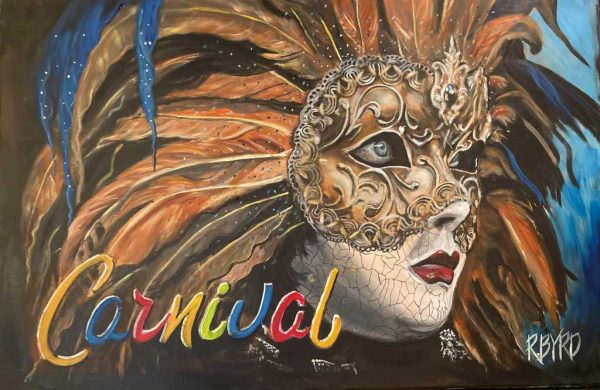 Painting of a woman wearing a carnival mask