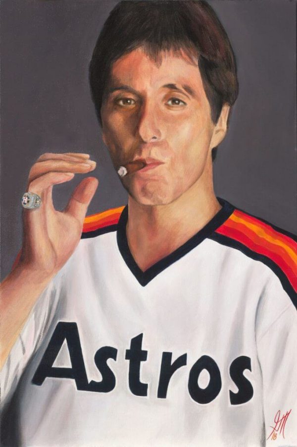 Painting of Tony Montana in a Houston Astro's jersey smoking a cigar with the world series ring on his pinky