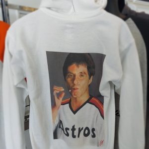 Scarface in a Astros jersey on a white hoodie