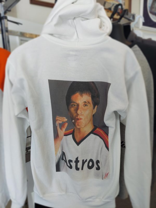 Scarface in a Astros jersey on a white hoodie