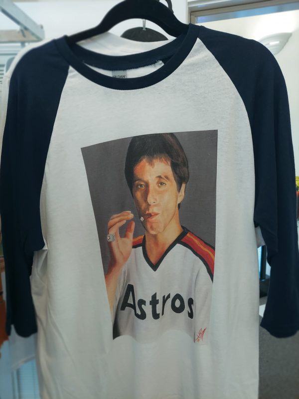 Scarface in a Astros jersey on a Ragland Shirt With Blue Sleeves