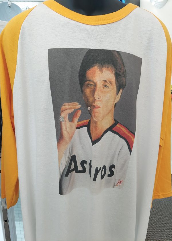 Scarface in a Astros jersey on a Ragland Shirt With Yellow Sleeves