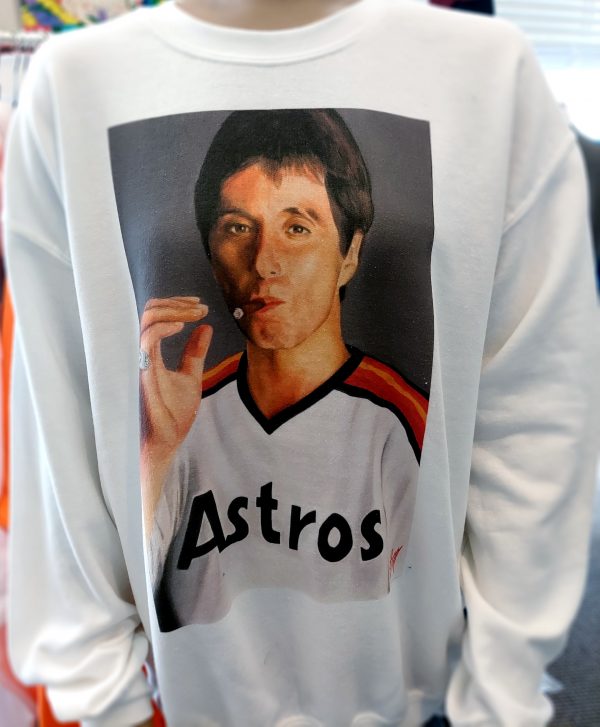 Scarface in a Astros jersey on a white sweatshirt