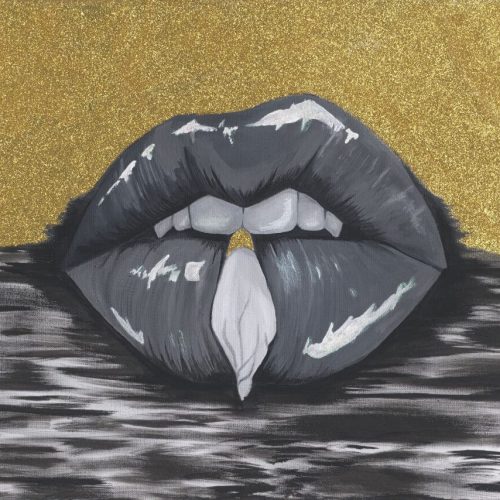Painting of a woman's lips biting her golden finger nail with a gold background
