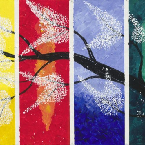 Painting on four separate canvas of a tree branch going through the different seasons