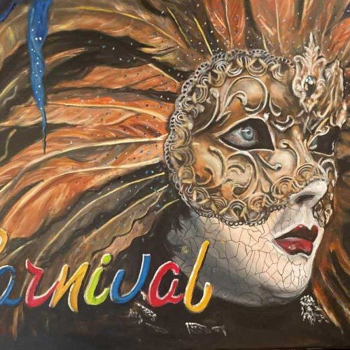 Painting of a woman wearing a carnival mask