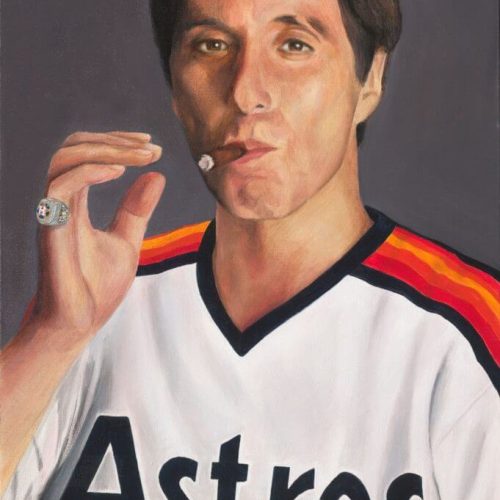 Painting of Tony Montana in a Houston Astro's jersey smoking a cigar with the world series ring on his pinky